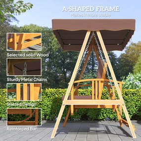 Outsunny Huśtawka Ogrodowa z Daszkiem, Drewniana, z Funkcją Leżanki, na 3 Osoby, Brąz