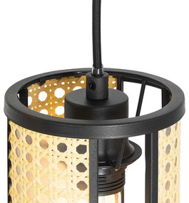 Orientalna lampa wisząca czarna z rattanu 3-światłowa okrągła - Akira Retro Oswietlenie wewnetrzne