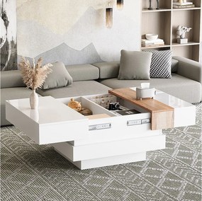 Biały stolik kawowy z połyskiem - Stolik kawowy z wysuwanym blatem - 2 schowki