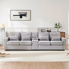 4 -Seater Sofa w tkaninie lnianej - z 4 poduszkami 2 porty USB i uchwyt na kubek - kieszenie podłokietnikowe - 290x83x88cm, szary