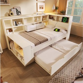 Sofa tapicerowana z funkcją spania - 90 x 190 cm - z wysuwanym łóżkiem 90 x 180 cm + port USB + półka do przechowywania - drewno - biała