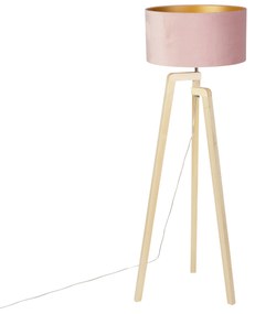 Lampa podłogowa stojakowa drewniana z różowym aksamitnym abażurem 50 cm - Puros Nowoczesny Oswietlenie wewnetrzne