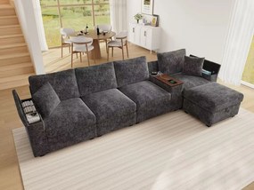 Nowoczesna sofa narożna 4-osobowa - z pufą - z wbudowaną przestrzenią do przechowywania - port USB/Type-C i uchwyt na kubek - tkanina z szenili - szary