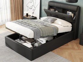 Łóżko 90x200 cm - z ekoskóry - wezgłowie z miejscem do przechowywania - Czarne