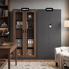 Witryna przeszklona metalowa wysoka z zamkiem antracytowa/orzech, 900x1850x400 mm: AMELIA Eco Design