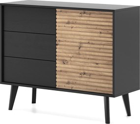 Komoda WILLOW 104 cm Czarny Dąb Artisan – 3 Szuflady, Push-to-Open, Styl Loftowy, Żłobiony Front, Drewniane Nogi