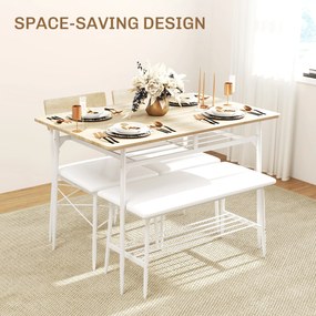 HOMCOM 4-częściowy zestaw stołowy z krzesłami i ławką na 4 osoby, siedzenia tapicerowane, stalowy stelaż, drewno, Biały