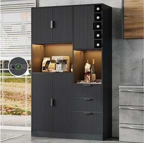 Nowoczesna komoda kuchenna - 105 x 40 x 180 cm - z półkami + 3 szufladami + stojakiem na wino + diodami LED + drzwiami - MDF - czarna