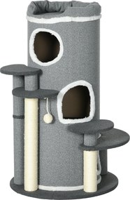 PawHut Drapak dla Kota, 2 Kocie Jaskinie, 4 Platformy, 4 Słupy do Drapania, 57 cm x 57 cm x 99 cm, Szary + Biały