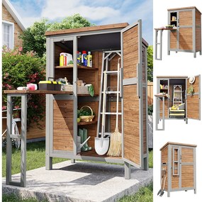 Szafka ogrodowa z rozkładanym blatem - 86 x 51,8 x 160 cm - z półkami i wieszakami - metal i drewno - naturalny