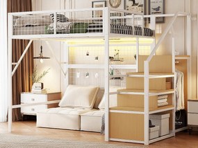 Łóżko mezzanine 140x200 - z oświetleniem LED - z drabiną do przechowywania - z otwartą szafą - białe (bez materaca)