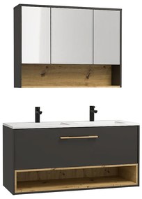 Szafka łazienkowa wisząca  w kolorze antracytowym z wbudowaną umywalką i szafką z lustrem - 120 cm - YANGRA