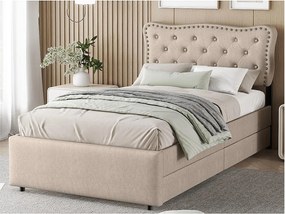 Łóżko tapicerowane z tkaniny lnianej z 2 szufladami - 90x200cm - wezgłowie ozdobione ćwiekami - Taupe