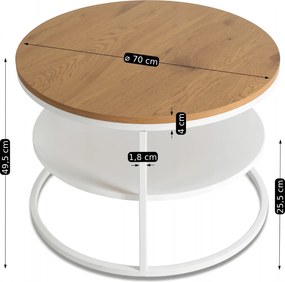 Stolik skandynawski Best 70 cm, okrągły, z półką, do salonu, dąb/biały