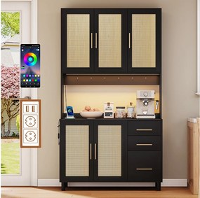 Komoda kuchenna z diodami LED - 100 x 40 x 183 cm - z USB + gniazdkami + regulowane półki + 3 szuflady - MDF - czarny