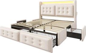 Łóżko dla dorosłych 180x200 cm Łóżko podwójne z oświetleniem LED i USB, 4 szuflady - beżowa bawełna (bez materaca)