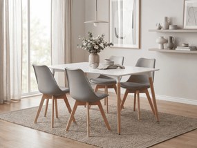 Zestaw jadalniany 1 + 4, biały stół ADRIA 120x80 cm + jasnoszare krzesło BALI MARK z bukowymi nogami