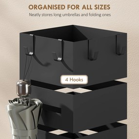 HOMCOM Stojak na parasole, metalowy stojak na parasole, wolnostojący stojak z haczykami i tacką ociekową, miejsce na 8 parasoli, czarny | Aosom PL