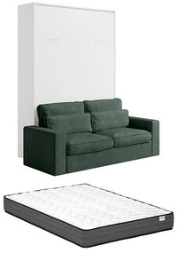 Łóżko chowane szafie 140 x 200 cm - Ręczne otwieranie pionowe - Białe + Materac + Zielona kanapa - BEGANIO