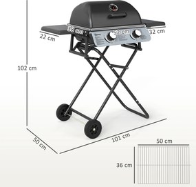 Outsunny Grill gazowy 5,6 KW z wózkiem wliczając 2 palniki ze stali nierdzewnej, składane boczne półki, kółka 101 x 50 x 102 cm Czarny