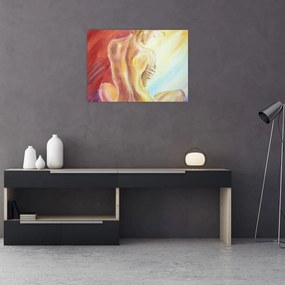 Obraz na szkle odpoczywającej kobiety, obraz olejny (70x50 cm)
