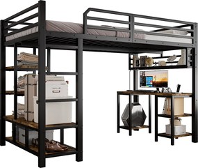 Łóżko na antresoli 120x200 cm - z biurkiem i półką przechowawczą - z 4-stopniową drabiną bezpieczeństwa - Metal + płyty wiórowe - Czarny (bez materaca)