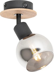 Reflektor art deco czarny z przydymionym szkłem i drewnem - Vidro