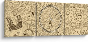 Obraz - Zabytkowa mapa, ilustracje (z zegarem) (90x30 cm)