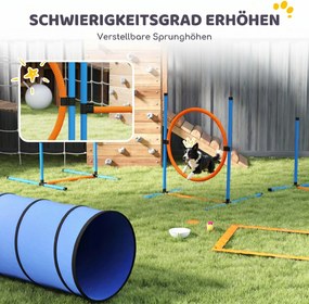 PawHut Zestaw treningowy Agility dla psów, 8-częściowy zestaw z tunelem, tyczkami slalomu, regulowanymi przeszkodami, obręczą do skoków, miską | Aosom PL