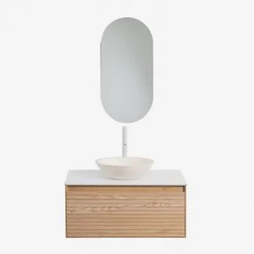 Zestaw Wiszących Mebli Łazienkowych Z Drewna Jesionowego Tedrik Popielaty Brąz & Cement Okrągły Biały Ø40 Cm - Sklum