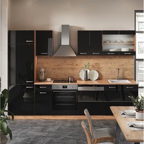 Zabudowa kuchenna czarny/złoty dąb o wysokim połysku 300x46x81.6 r-line