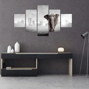 Obraz - Słonie w wielkim mieście, wersja czarno - biała (125x70 cm)