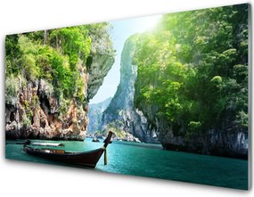 Szkło do Kuchni na Ścianę Łódka Na Górskim Jeziorem