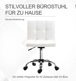 HOMCOM Krzesło Biurowe, Fotel Obrotowy, Skóra Ekologiczna, Konstrukcja ze Stali, 5 Kół, Wyściełane, Białe