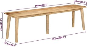 Ławka z litego drewna mango 160x40x45 cm, unikalny naturalny design, nośność 110 kg, bez schowka