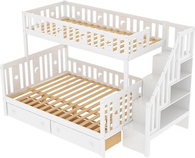 Łóżko piętrowe 90/140x200 cm z litego drewna - z schodami do przechowywania i 2 szufladami - Białe