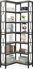 Regał narożny, 7-poziomowy regał industrialny, półki narożne z drewna i metalu, wolnostojąca półka ekspozycyjna (szary)