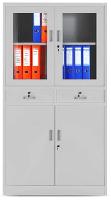 Biurowa przeszklona szafa metalowa na akta z szufladami EDMUND, 900 x 1850 x 400 mm, szara