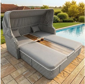 Salon ogrodowy - Leżak bujany - kanapa ogrodowa - ze stali ocynkowanej - 2 osoby - Drewno akacjowe - z regulowanym Parasolem - szary