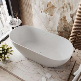 Wanna wolnostojąca owalna z konglomeratu 160 x 75 cm RONA Grey mat / połysk przelew typu SLIM cienki rant : Kolor wanny - Biały połysk