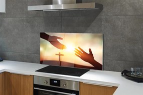 Szkło do Kuchni na Ścianę Modlitewne Ręce pod Krzyżem