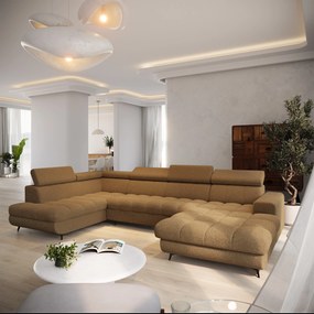 Masseno Narożnik CORENO z funkcją spania i pojemnikiem na pościel Narozniki U, Rozkładana sofa - Miodowy, QUELLE 17