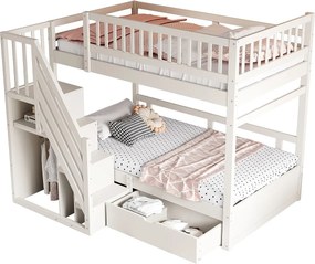 Łóżko piętrowe dla dzieci - 2 x 90 x 200 cm - z 1 szufladą + schowkiem schodowym - drewno + płyta MDF - białe
