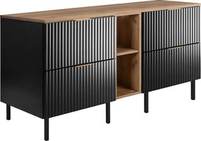 Szafka pod umywalkę, czarny/dąb Craft + złoty uchwyt, 140 (2 x 60 + 20) x 77 x 46 cm + blat, czarne nogi