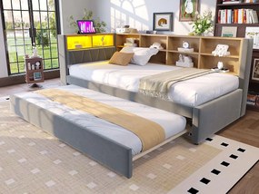 Sofa rozkładana 90x200 cm - Z wysuwanym łóżkiem 90x190 cm - z oświetleniem LED - gniazdko elektryczne - ciemnoszary (materac nie jest dołączony)