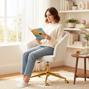 HOMCOM Fotel biurowy w aksamitnym stylu, wypełnienie piankowe, regulowany wysokościowo, na kółkach, stalowa podstawa, kremowy | Aosom PL