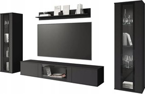 Nowoczesna meblościanka do salonu – mat, 2 witryny i szafka RTV 180 Czarny mat