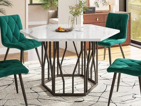 Nowoczesny stół jadalny w kształcie hexagonu, metalowa podstawa, blat z marmurowym wzorem, biały