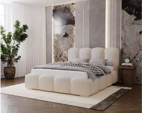 BESILIO Łóżko tapicerowane 140x200 Fluffy – łóżko chmurka boucle, z pojemnikiem na pościel i stelażem, gruba pianka, nowoczesne łóżko do sypialni – Beżowe