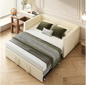 Rozkładana sofa 90-180x200 cm z beżowego aksamitu, nowoczesny design, bez schowka, solidna i wygodna